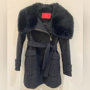 Belted Coat with Faux Fur Collar